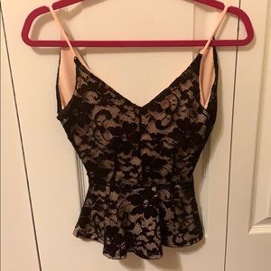 Plunge Black lace peplum top with pink detail